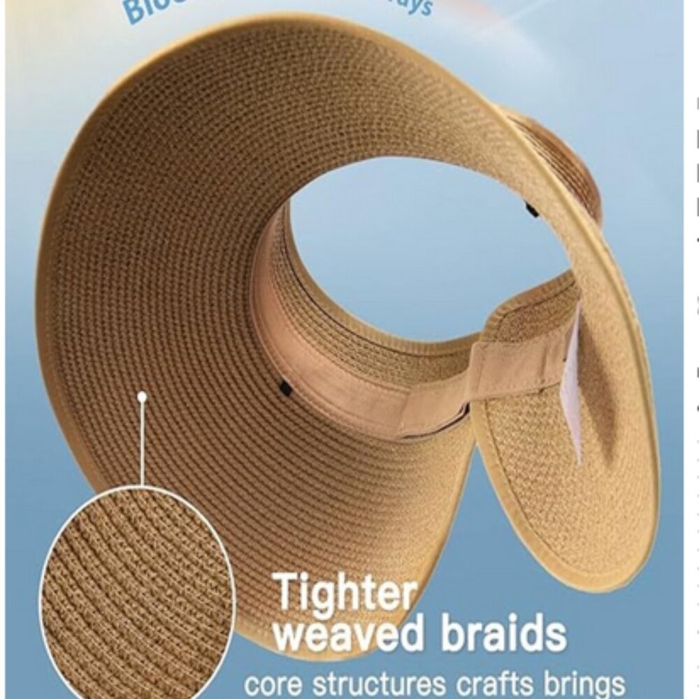 Zenana Woven Straw Adjustable Ponytail Wide Brim Travel Sun Visor Hat - Picture 3 of 11